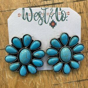 Faux Turquoise Earrings Retro Chunky Pierced Posts Large Southwestern Western